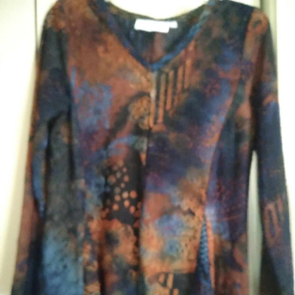 F61 Palila San Francisco rust and blue print blouse. Fall Colors